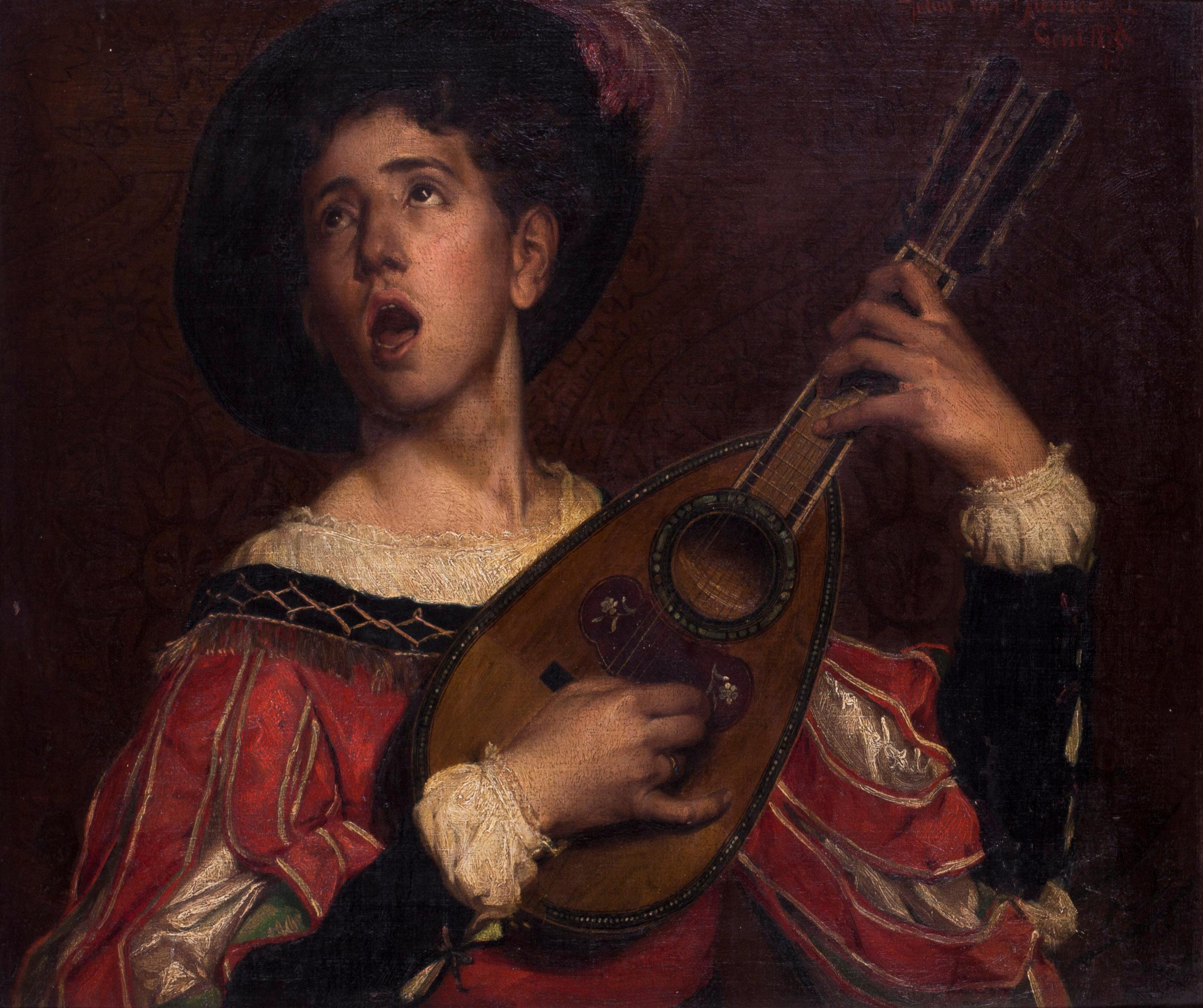 19th Century Belgian oil painting of The Minstrel's song by Van Biesbroeck - Painting by Jules Evarist Van Biesbroeck