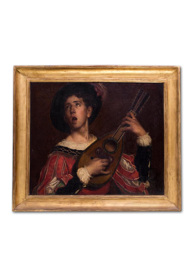 19th Century Belgian oil painting of The Minstrel's song by Van Biesbroeck 3