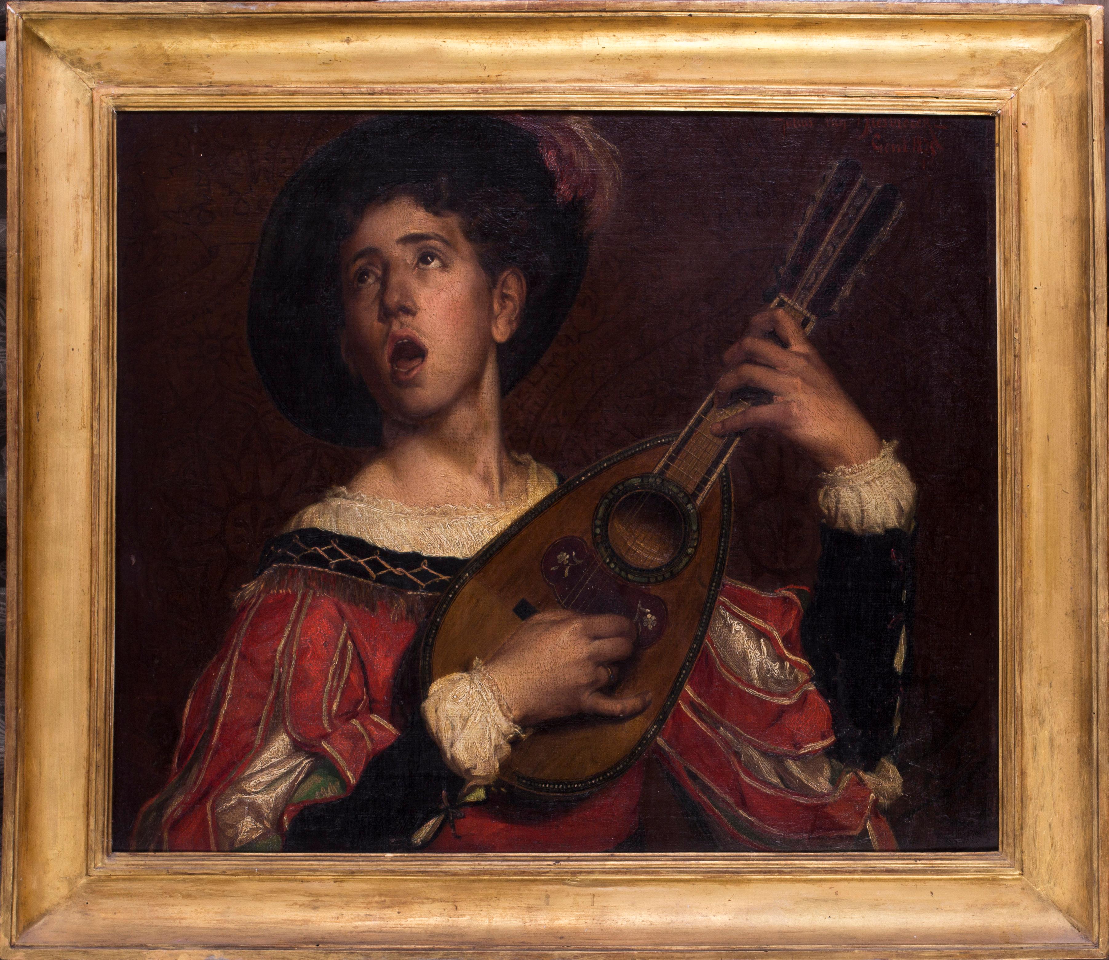 Jules Evarist Van Biesbroeck Figurative Painting – Belgisches Ölgemälde des 19. Jahrhunderts mit dem Lied „Der Minstrel“ von Van Biesbroeck