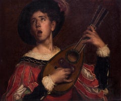19th Century Belgian oil painting of The Minstrel's song by Van Biesbroeck