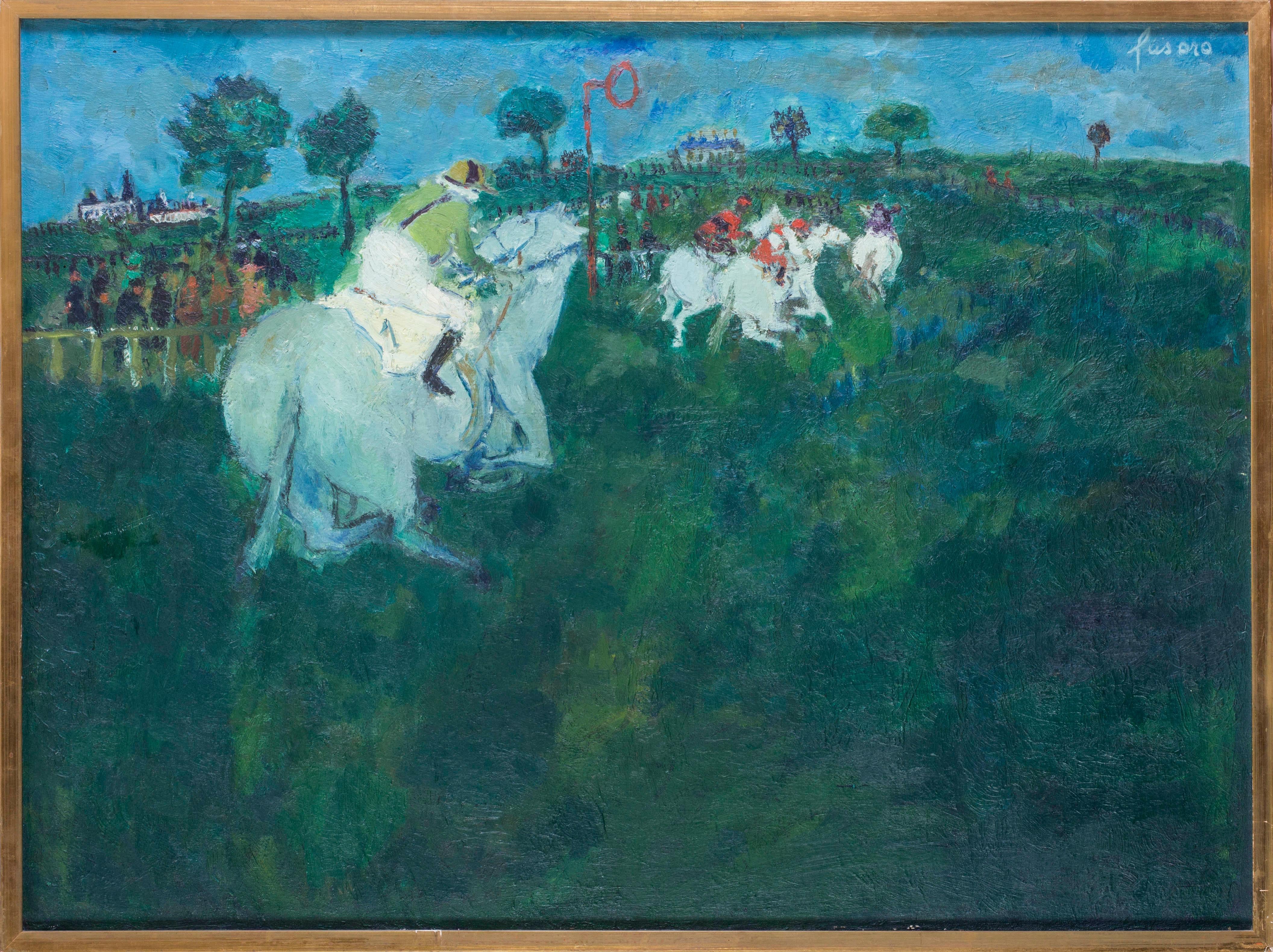 Jean Fusaro Figurative Painting - French, 20th Century oil painting of horse racing painted in vivid greens