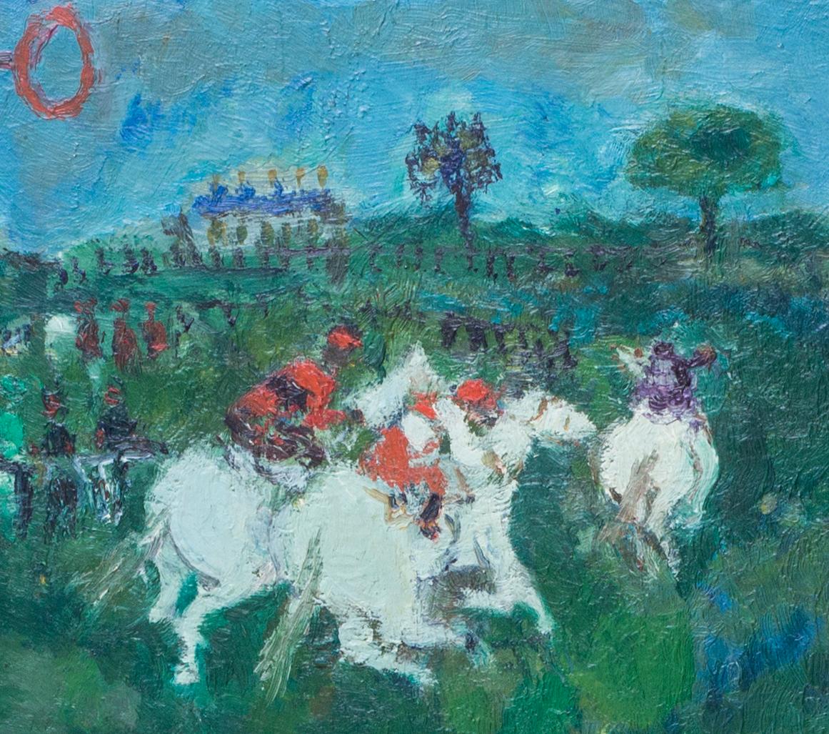 French, 20th Century oil painting of horse racing painted in vivid greens - Post-Impressionist Painting by Jean Fusaro