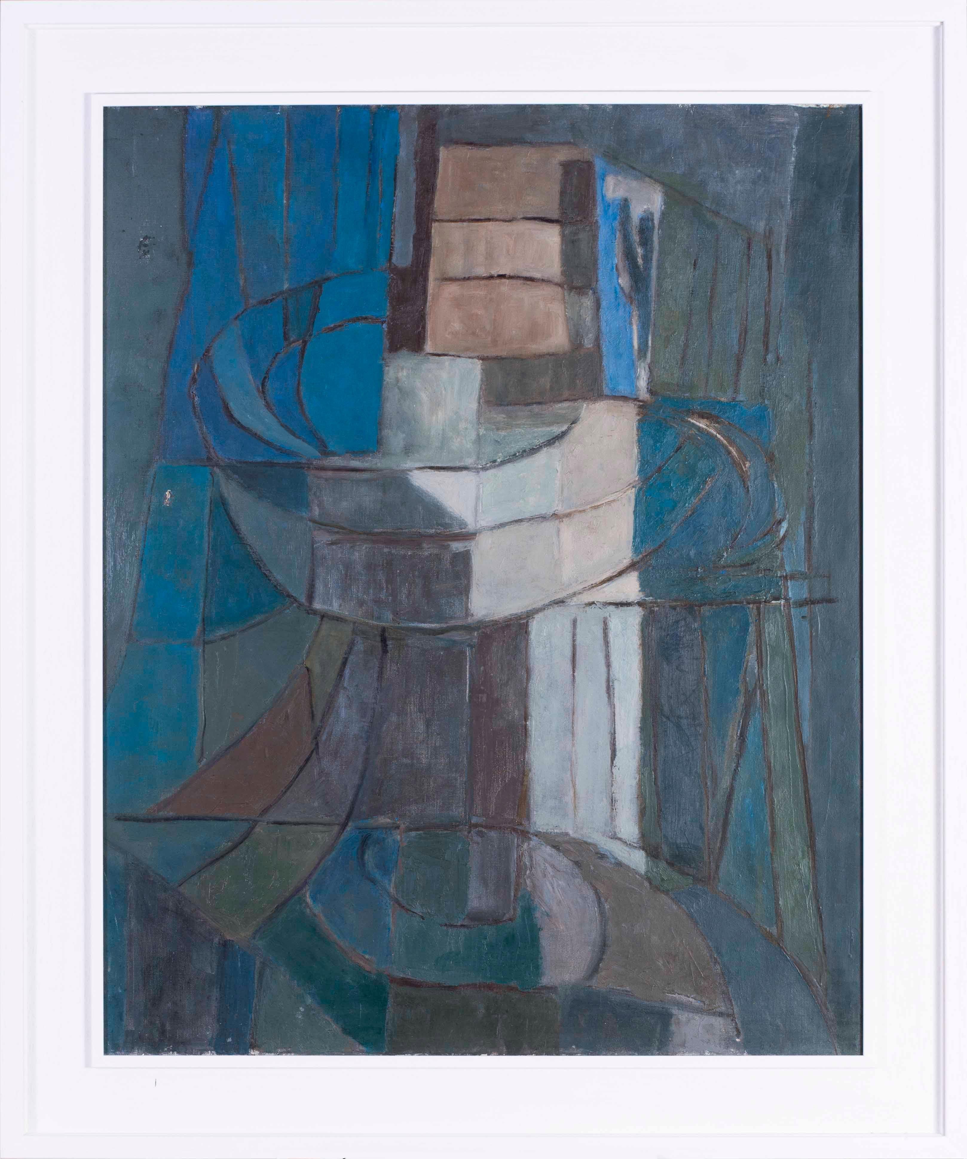 Henri d’Amfreville Abstract Painting - Mid 20th Century French abstract painting 'Abstract in blue, green and grey'