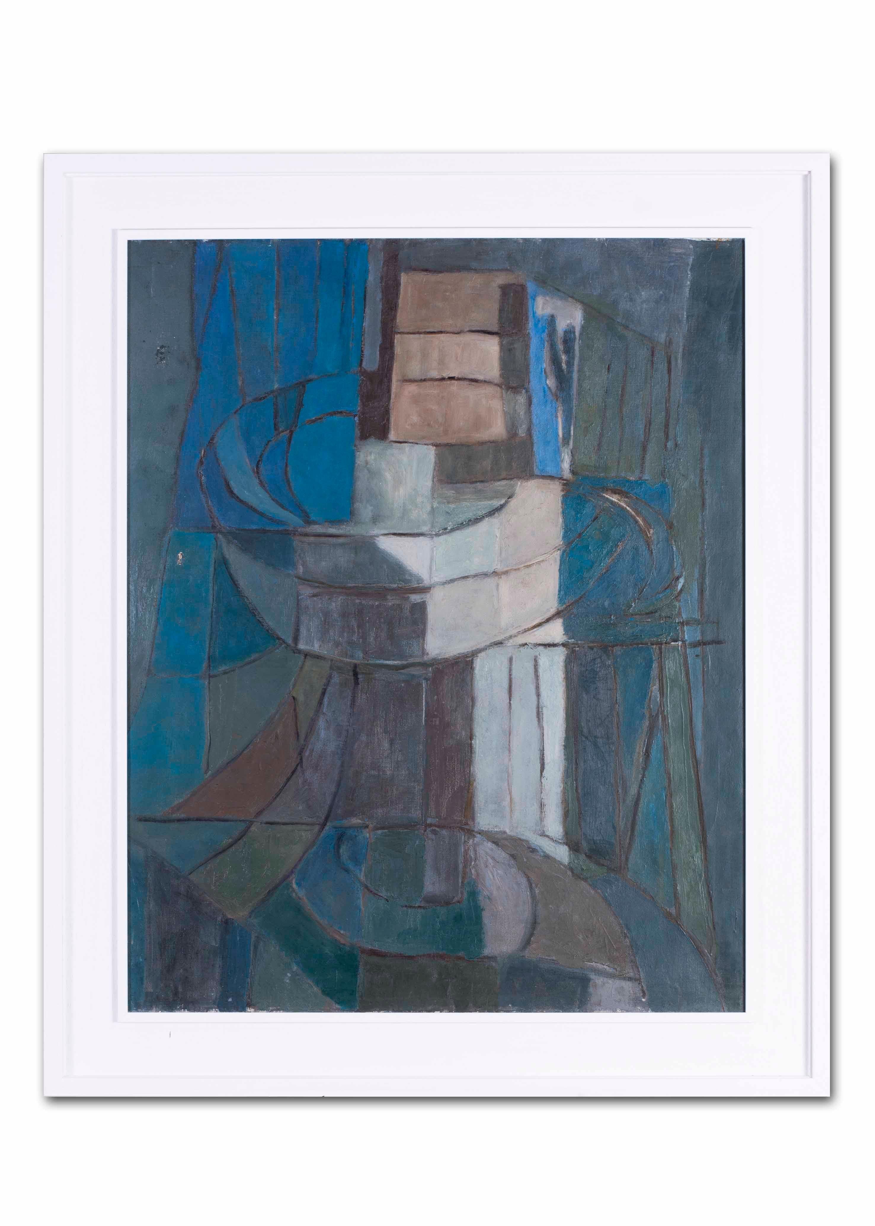 Mid 20th Century French abstract painting 'Abstract in blue, green and grey' - Painting by Henri d’Amfreville