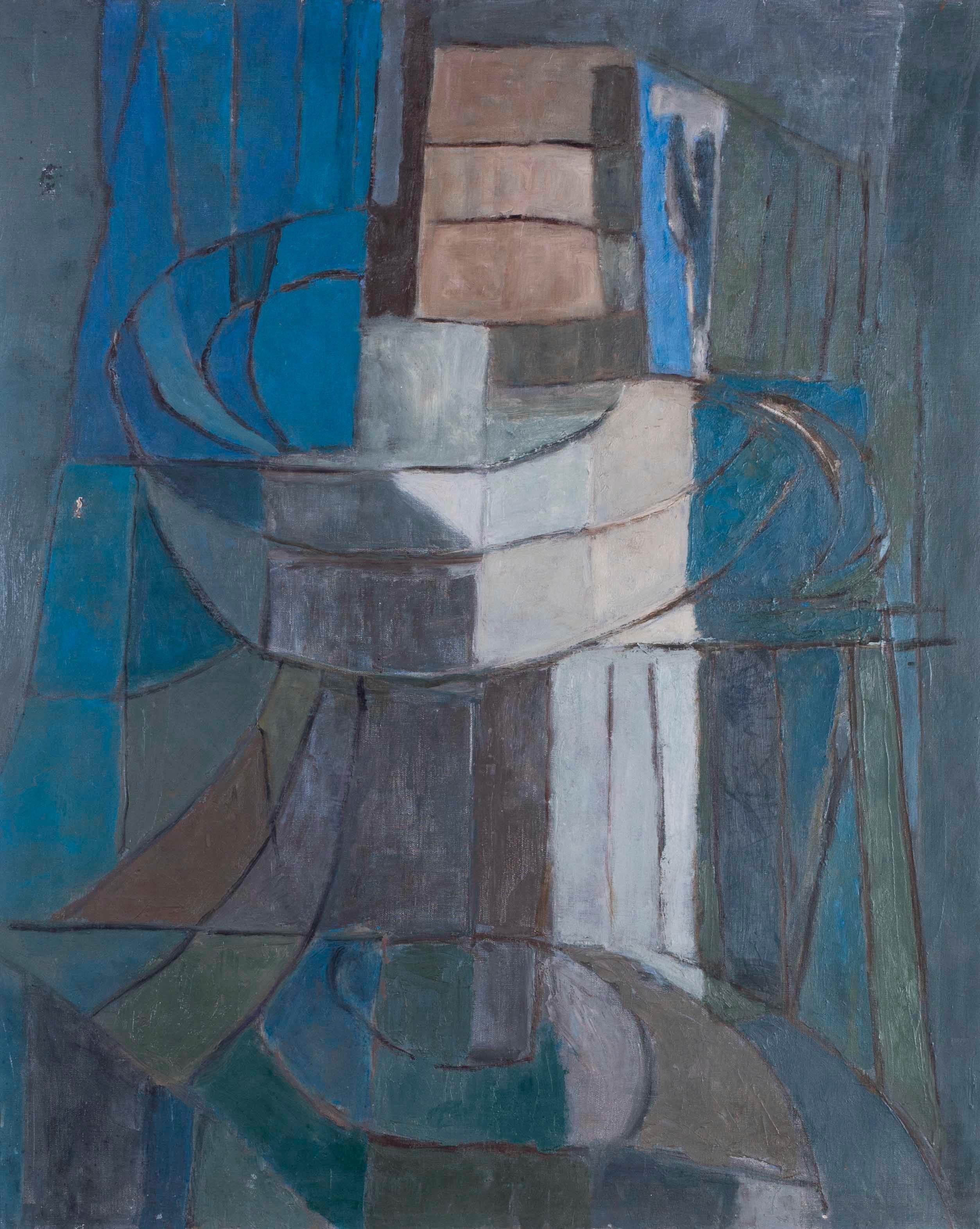 Mid 20th Century French abstract painting 'Abstract in blue, green and grey' - Gray Abstract Painting by Henri d’Amfreville