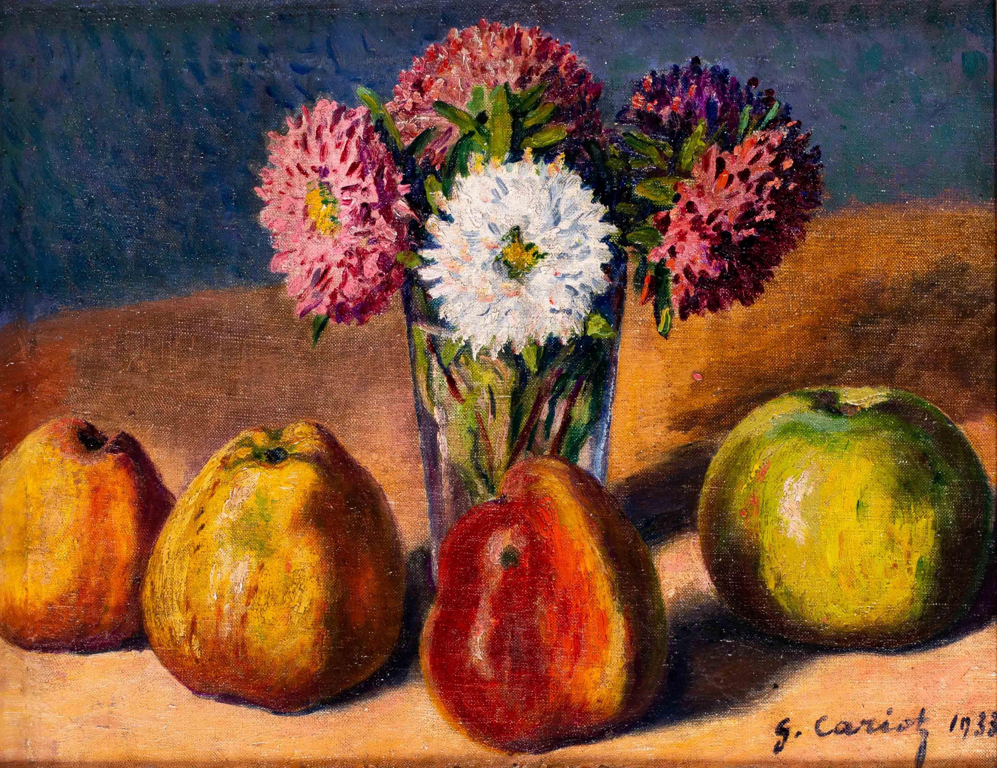 French Impressionist still life oil painting of quince and dahlias by Cariot - Painting by Gustave Cariot