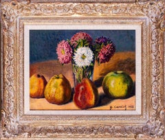 French Impressionist still life oil painting of quince and dahlias by Cariot