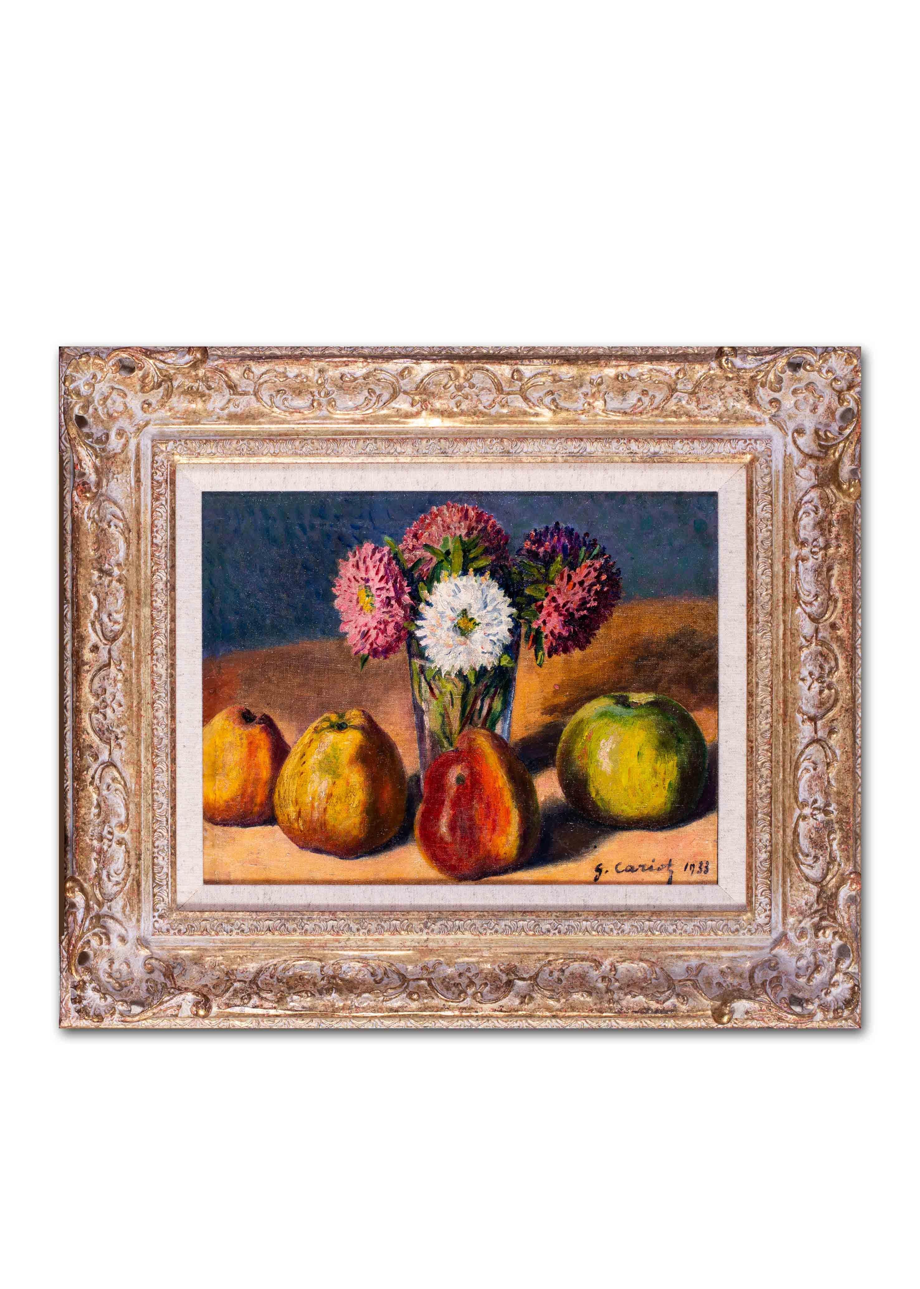 French Impressionist still life oil painting of quince and dahlias by Cariot 1