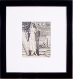 Antique Jean Dupas art deco drawing, 'Jeune Femme Dans la Campagne'