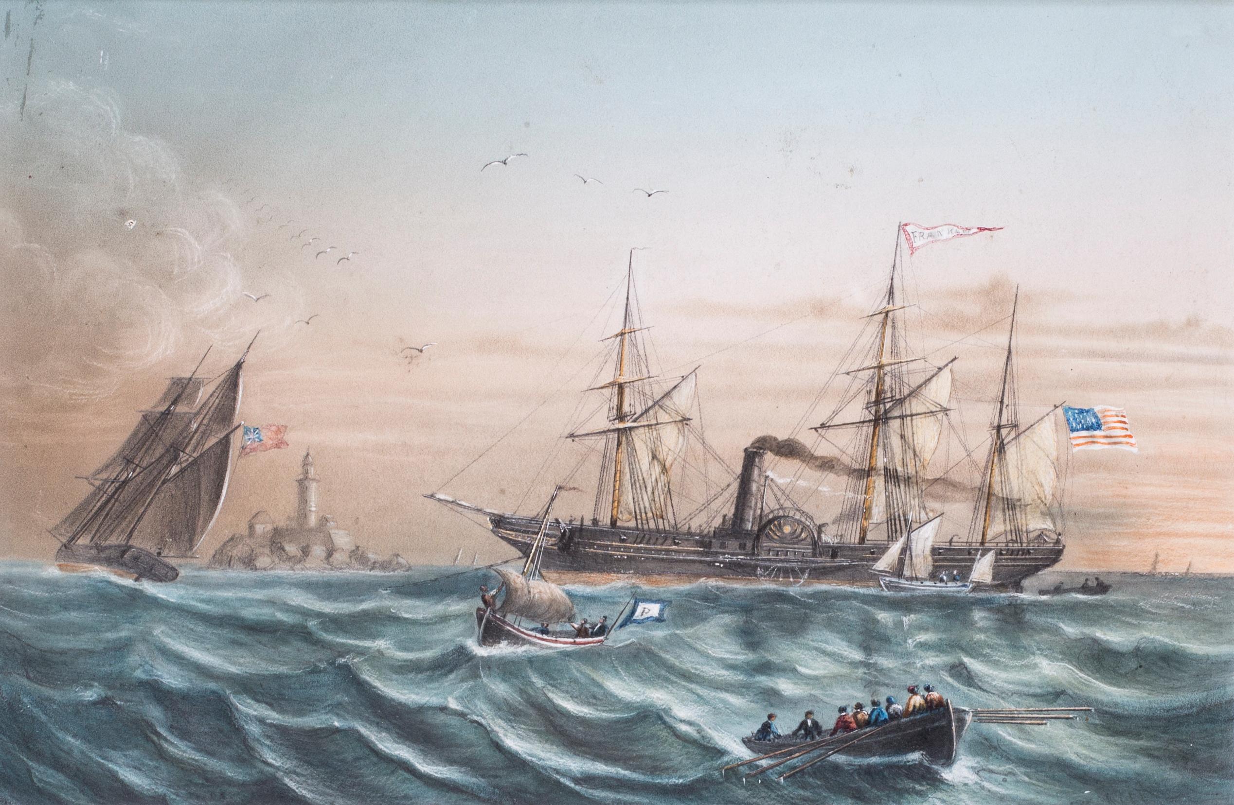 1850 Amerikanische Schule, Franklin bei der Pilotenfahrt nach Boston, Aquarell auf Papier – Art von Unknown