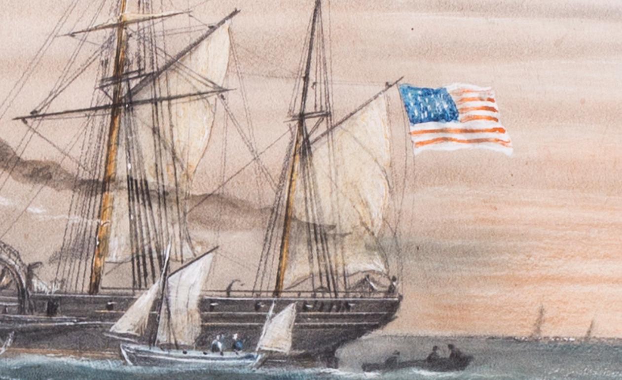 1850 Amerikanische Schule, Franklin bei der Pilotenfahrt nach Boston, Aquarell auf Papier im Angebot 1