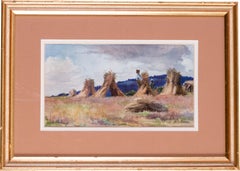 Antique 19th Century British landscape with haystacks by female artist Robinson