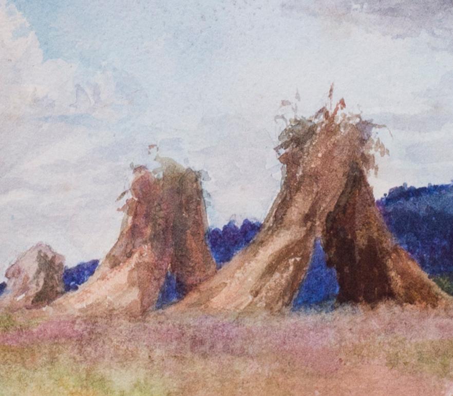 Paesaggio britannico del XIX secolo con pagliai dell'artista donna Robinson - Landscape Art Marrone di Mabel Catherine Robinson
