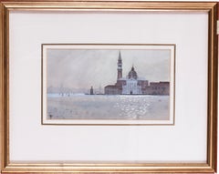 San Giorgio, Venice sunrise through mist, watercolour circa 1986 by John Doyle