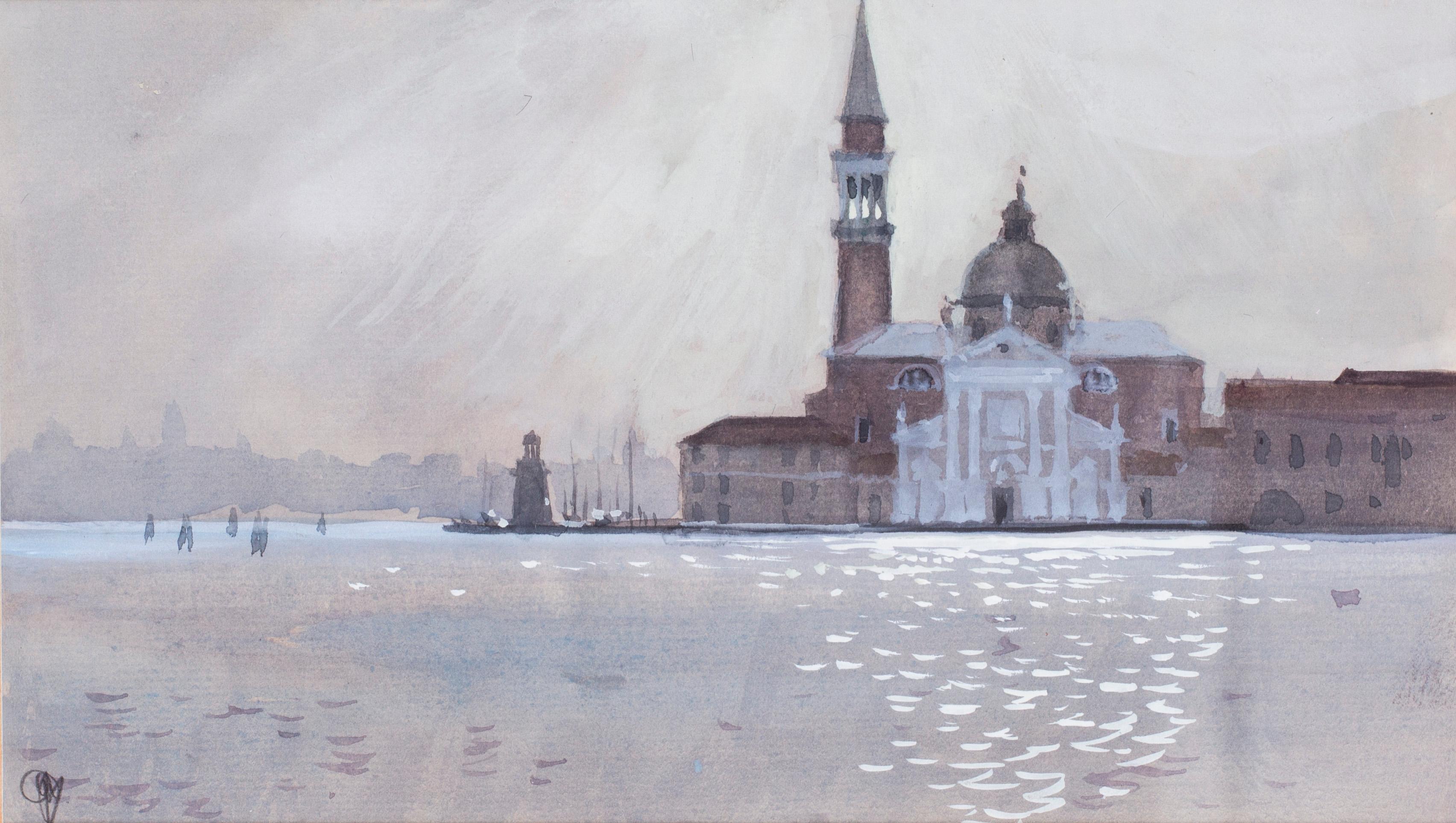 San Giorgio, Venedig, Sonnenaufgang durch Nebel, Aquarell um 1986 von John Doyle 4