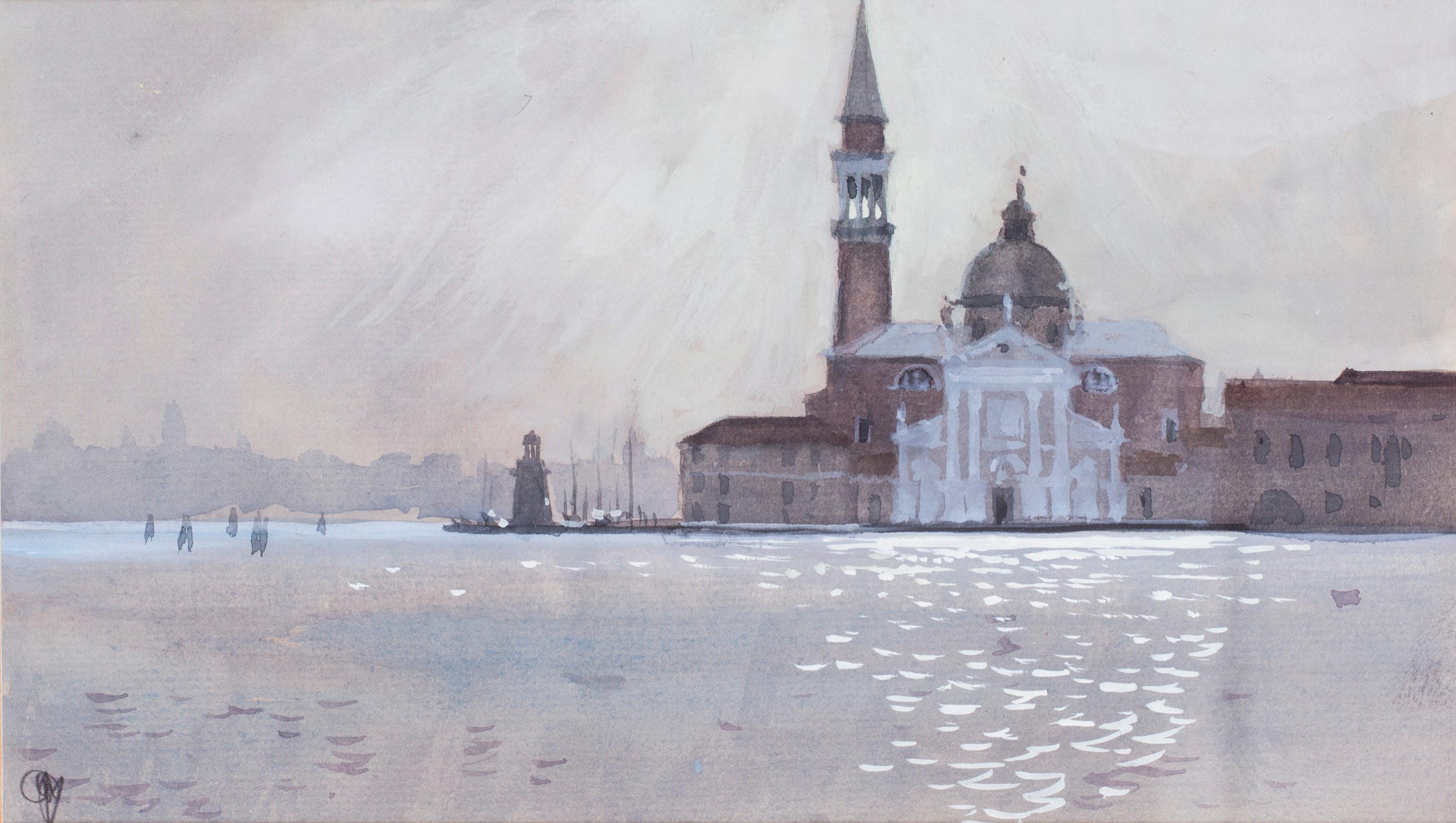 San Giorgio, Venice sunrise through mist, watercolour circa 1986 by John Doyle For Sale 1