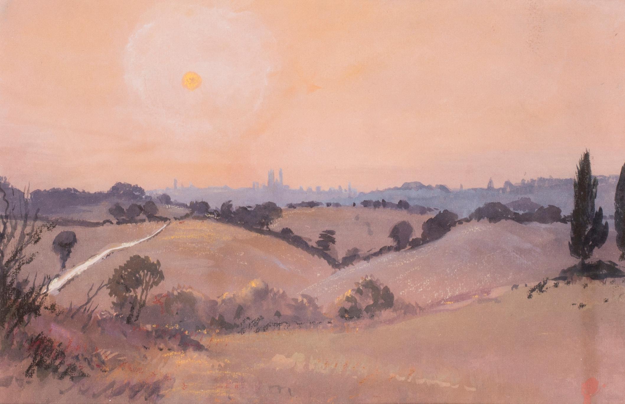 Siena sunset, Italy, watercolour by British artist John Doyle circa 1986 For Sale 1