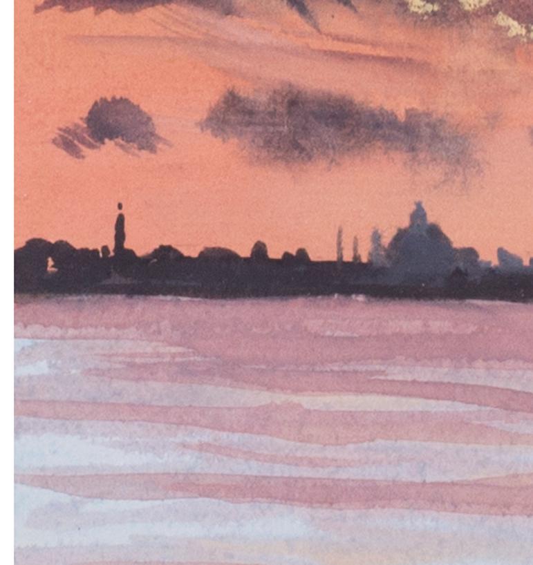 John Doyle MBE, PPRWS (British, b. 1928)
Sunset, Venice from the Lido, 1986
Acrylic and watercolour on paper
Signed with monogrammed (lower right)
6 x 10 in. (15.3 x 25.4 cm.)

Provenance: The Catto Gallery, London

John Doyle was born in Siddenham