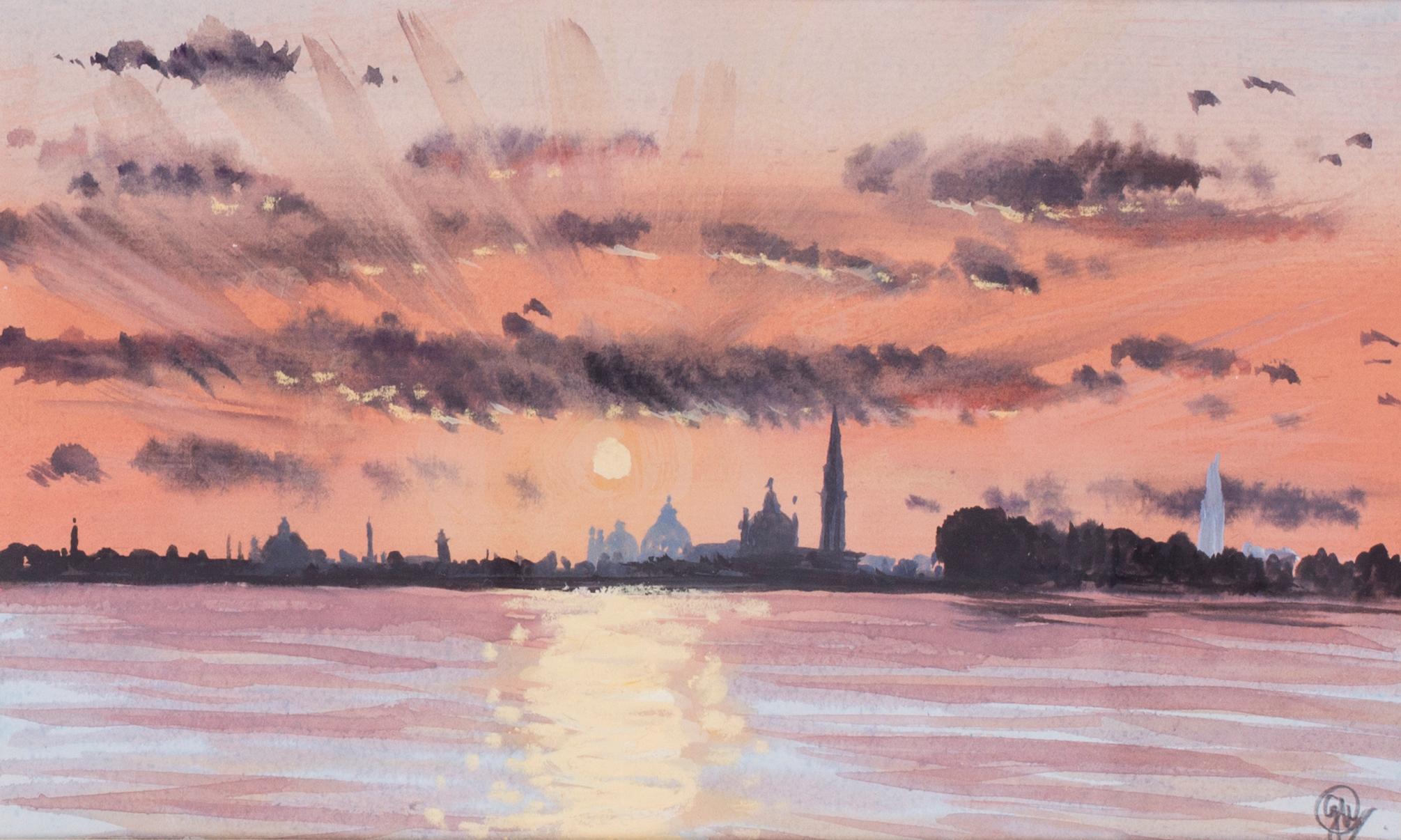 Venice sunset from the Lido, watercolour by British artist John Doyle For Sale 1