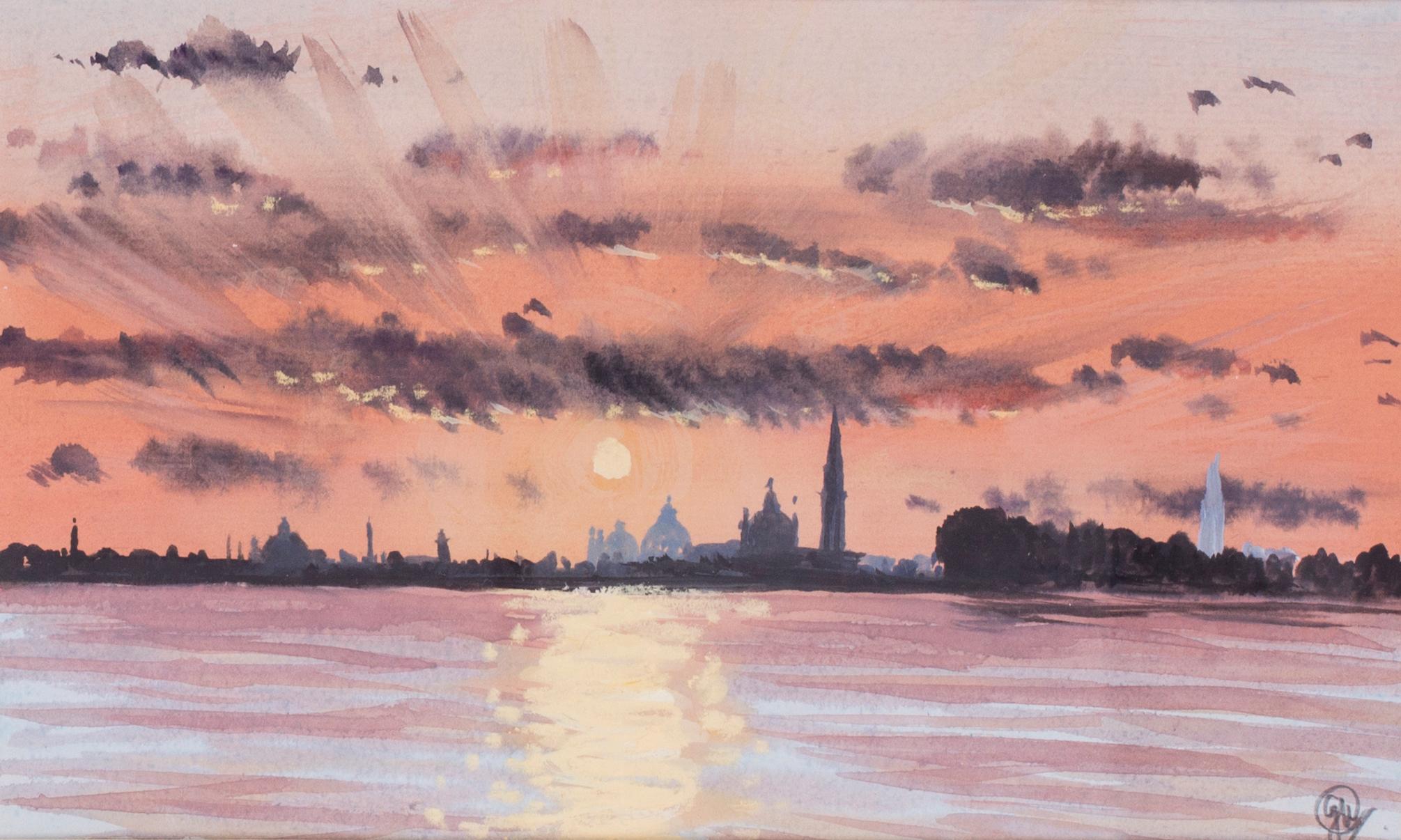 Venice sunset from the Lido, watercolour by British artist John Doyle 1
