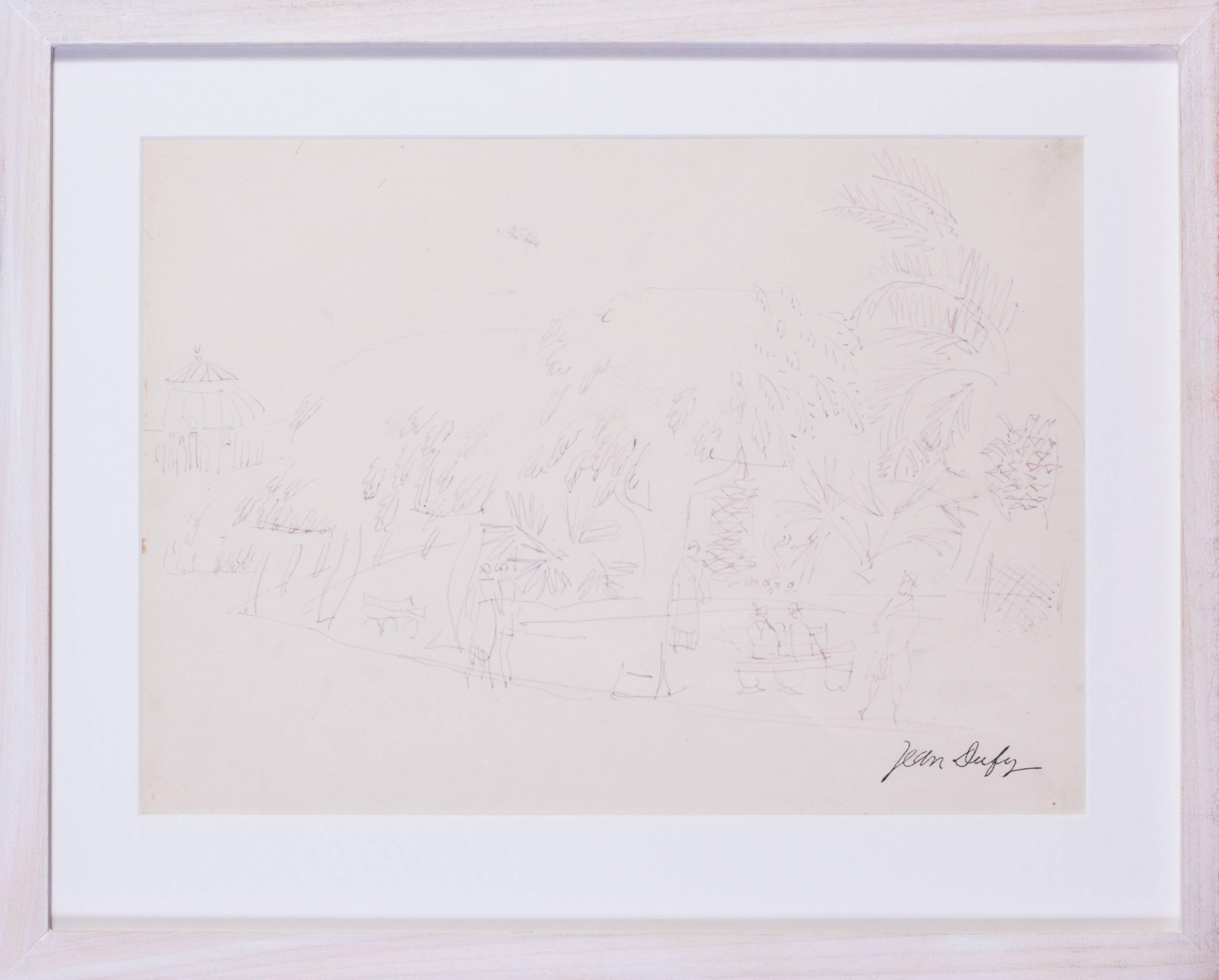 Jean Dufy original French Post-Impressionist drawing of people in a park 