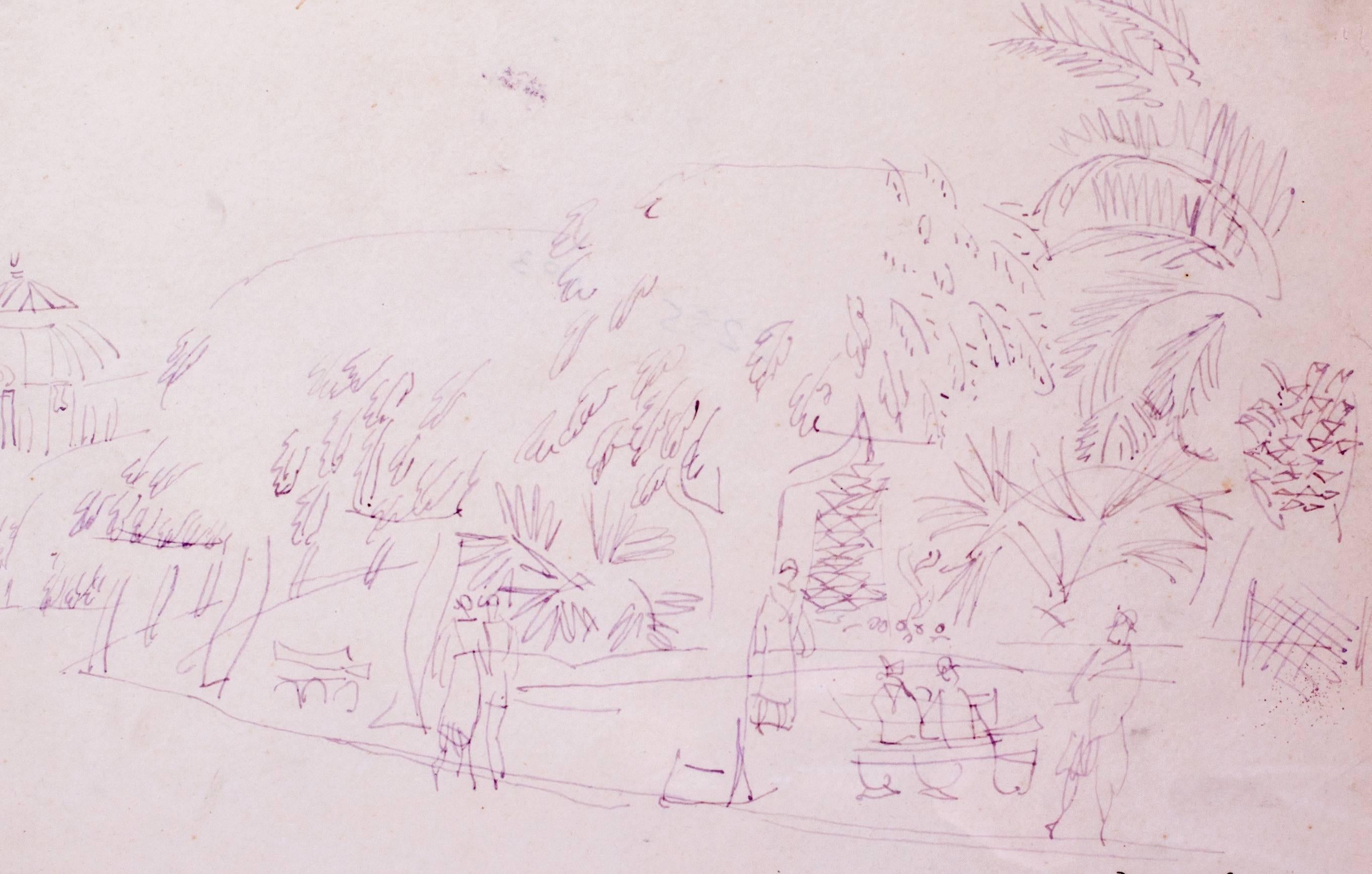 Jean Dufy original French Post-Impressionist drawing of people in a park  For Sale 1