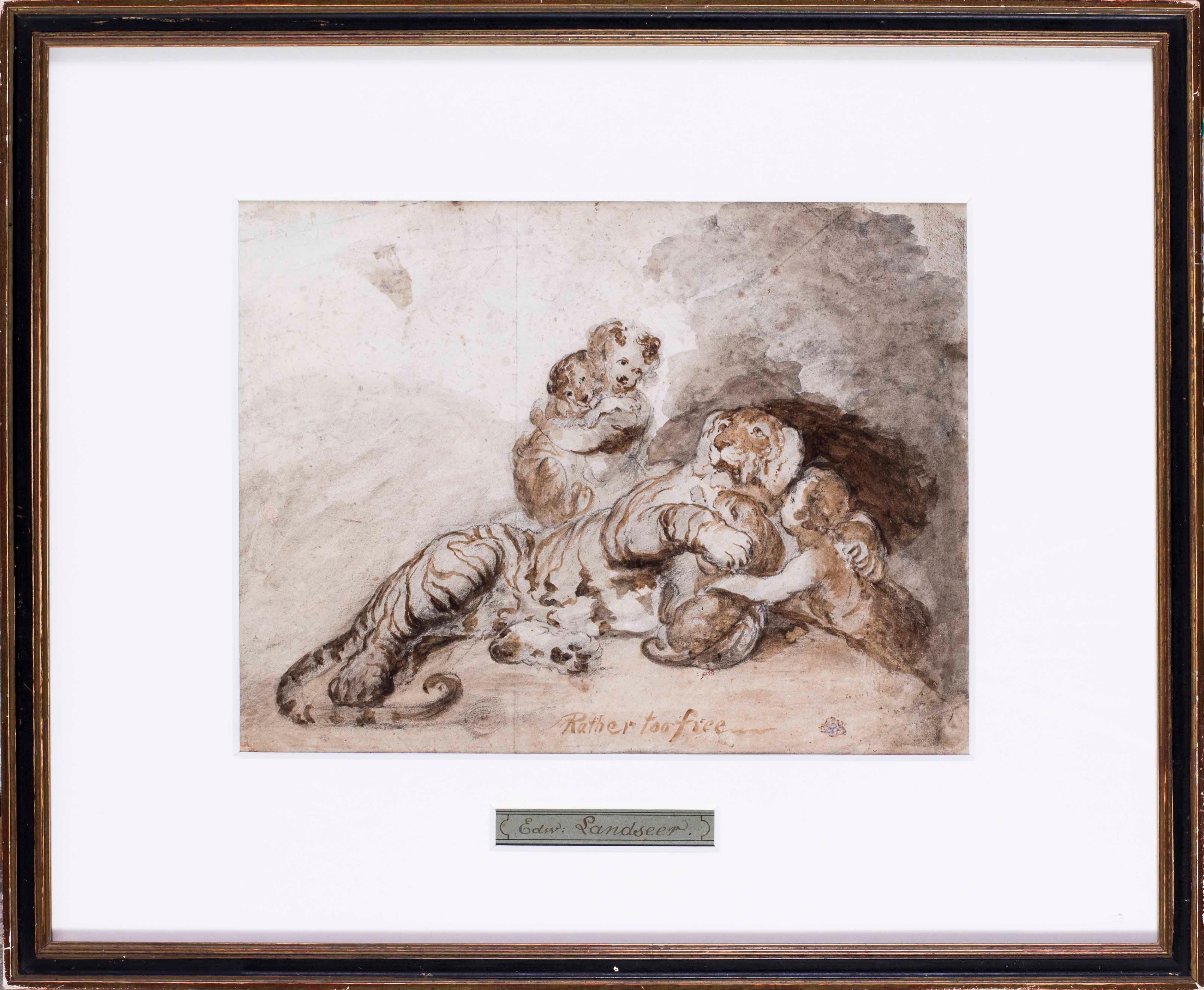 Attributed to Sir Edwin Henry Landseer  Animal Art - 19th Century British drawing of a tiger, cubs and child attributed to Landseer