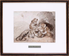 Antique 19th Century British drawing of a tiger, cubs and child attributed to Landseer