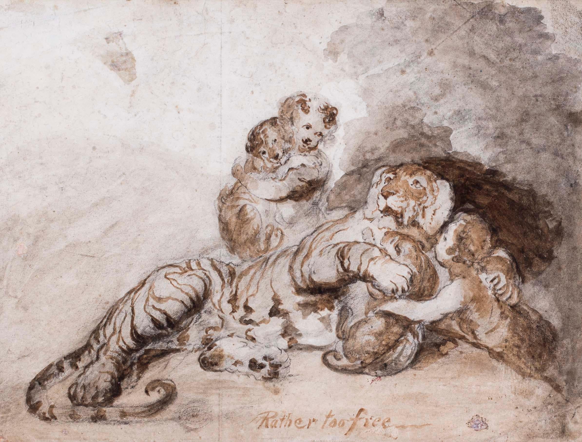 19th Century British drawing of a tiger, cubs and child attributed to Landseer - Art by Attributed to Sir Edwin Henry Landseer 