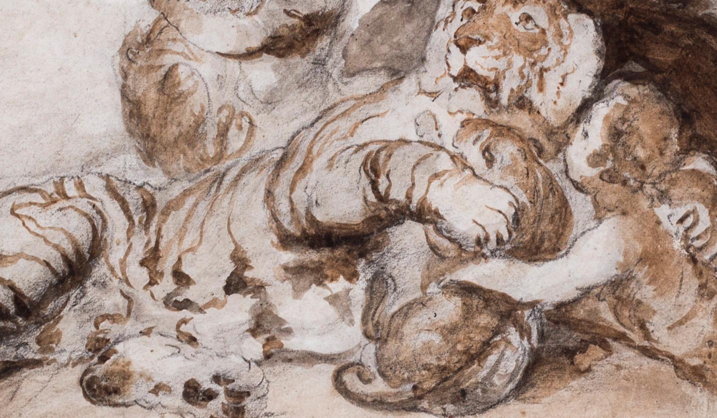 19th Century British drawing of a tiger, cubs and child attributed to Landseer For Sale 2