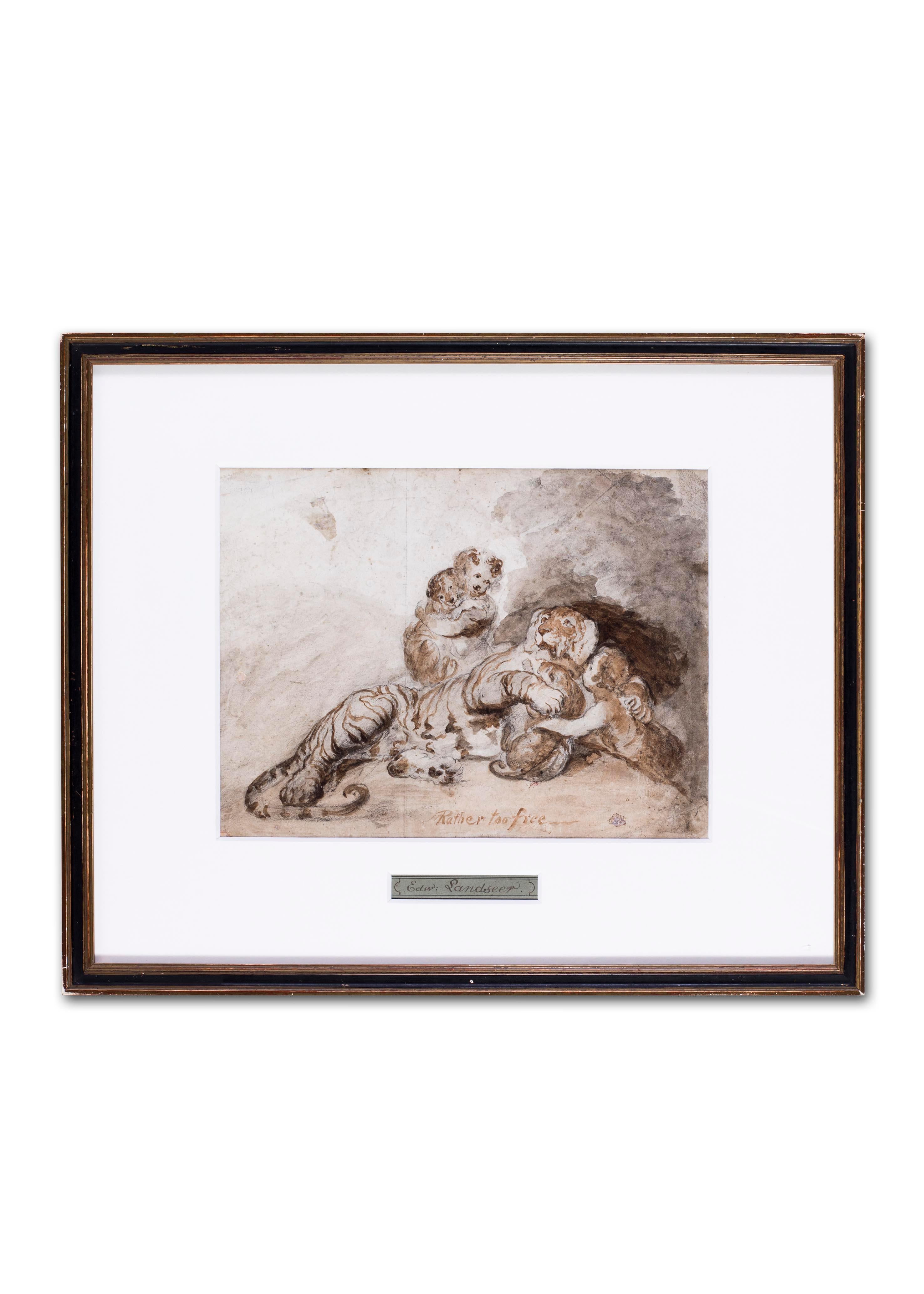 19th Century British drawing of a tiger, cubs and child attributed to Landseer For Sale 3