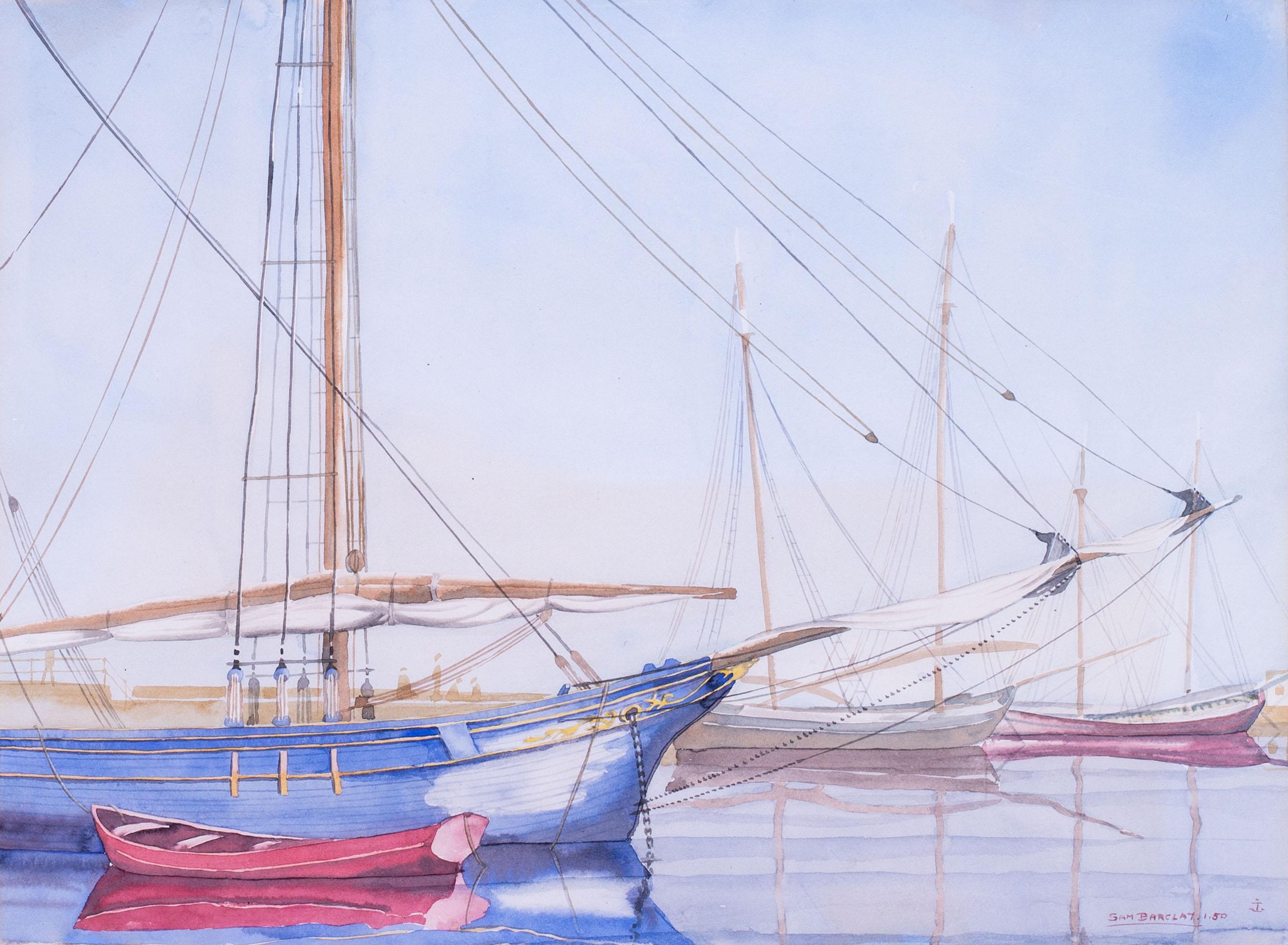 British 20th Century watercolour of sailing vessels in a harbour - Art by Sam Barclay