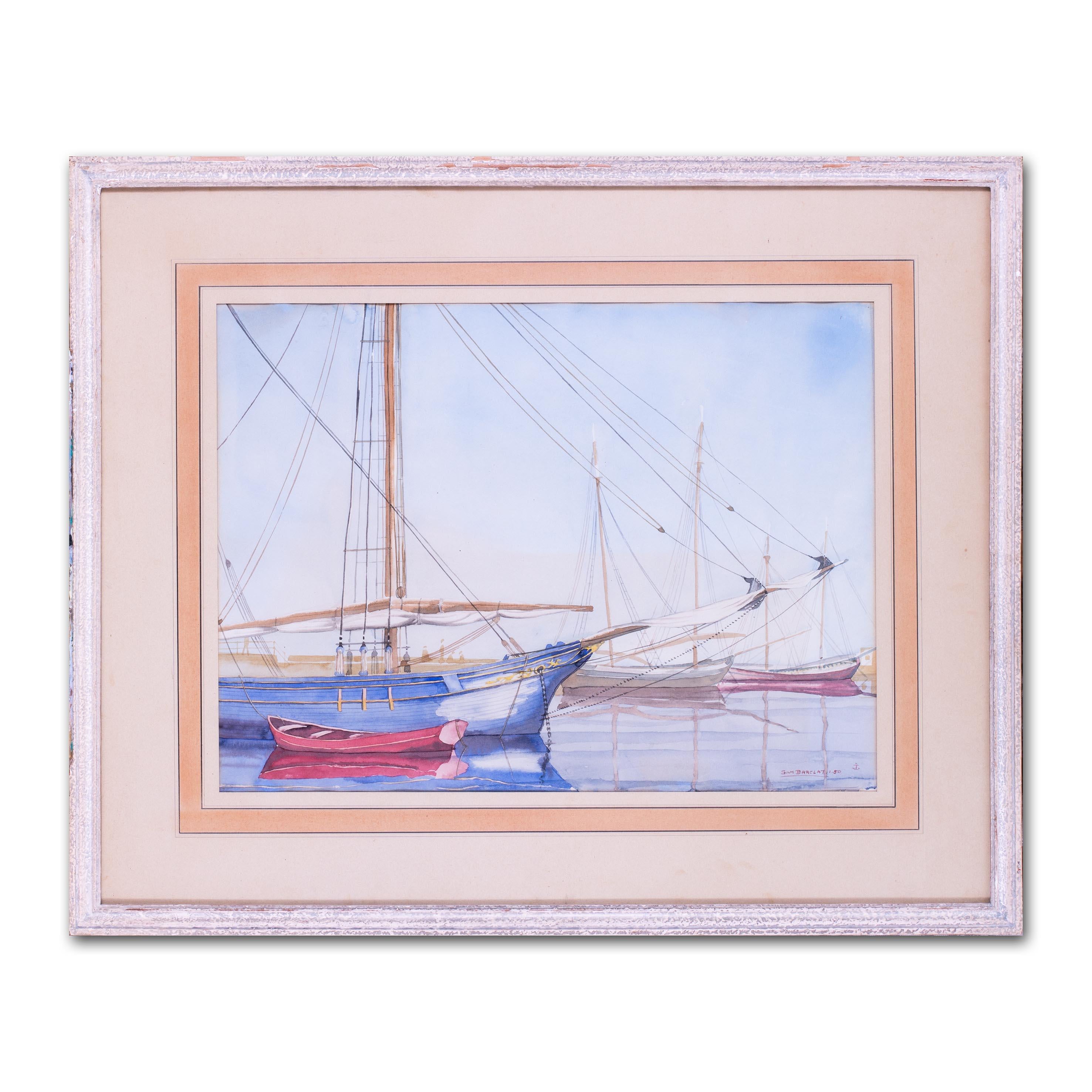 British 20th Century watercolour of sailing vessels in a harbour - Gray Landscape Art by Sam Barclay