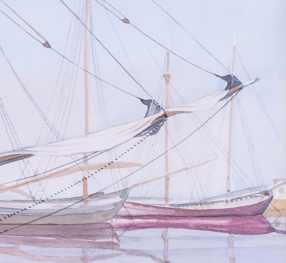 British 20th Century watercolour of sailing vessels in a harbour - Academic Art by Sam Barclay