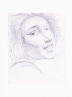 British 20th Century charcoal on paper drawing of a head study of a young girl
