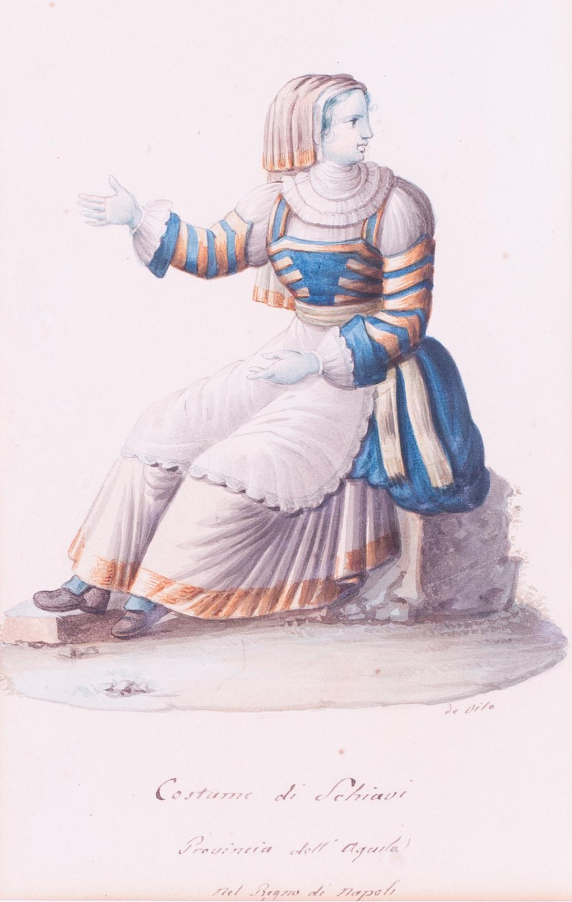 Set of three watercolour drawings of 19th Century Italian costumes, Naples  1