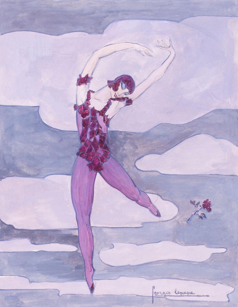 Art Deco painting of a Prima Ballerina dancing in the clouds  - Gray Figurative Art by Georges Lepape