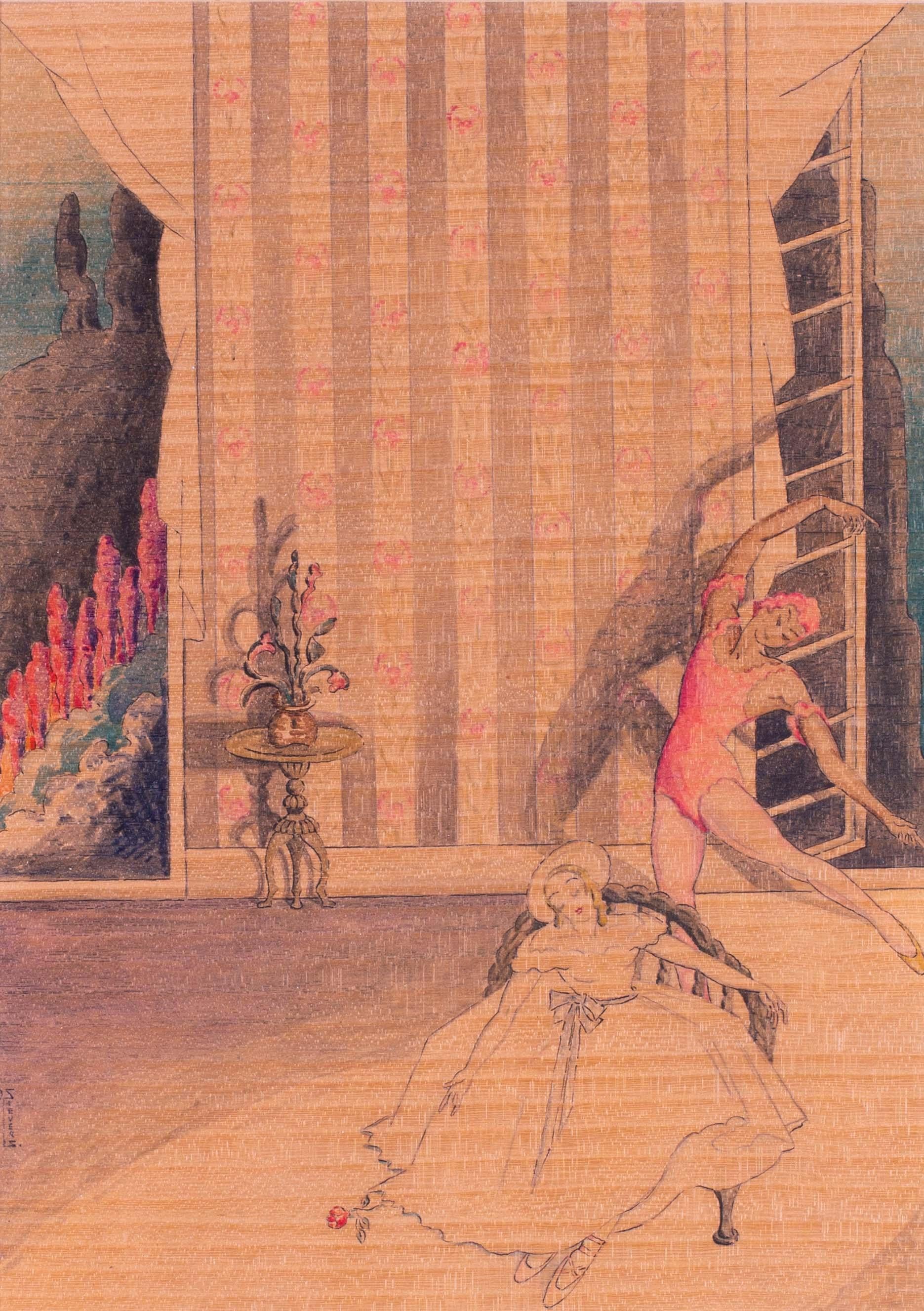 Russian ballet dancers, Karsavina and Nijinsky, La Spectre Rose, 1930 - Art by Olga Sievers