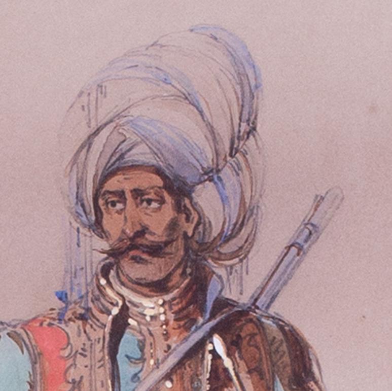 Graf Amadeo Preziosi (Malteser, 1816 - 1882)
Sechs Bleistift- und Aquarellstudien türkischer Persönlichkeiten, darunter Straßenverkäufer, ein türkischer Soldat, 2 Wasserpfeifenraucher und ein Stoffverkäufer (6)
Bleistift und Aquarell auf