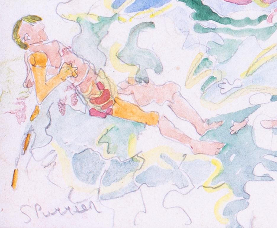 Attributed to Steven Spurrier RA (British,  1878 – 1961)	
Fun at the lido
Pencil and watercolour on paper
Signed in pencil ‘Spurrier’ (lower left)
11.1/8 x 14.1/4 in. (28.2 x 36.2 cm.)
