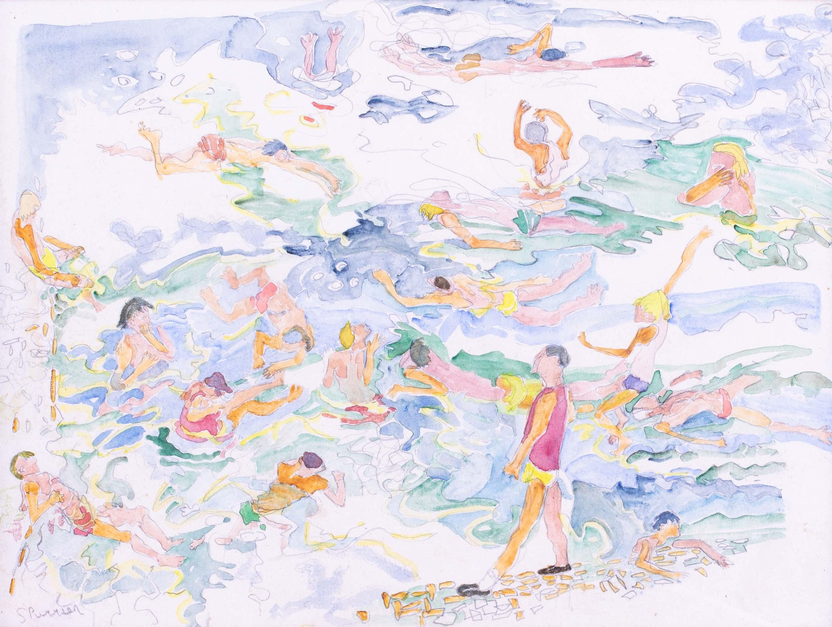British 20th Century watercolour drawing of figures having fun at the lido - Art by Steven Spurrier RA