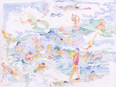 Britische Aquarellzeichnung von Figuren, die auf der Lippe Spaß haben, aus dem 20. Jahrhundert