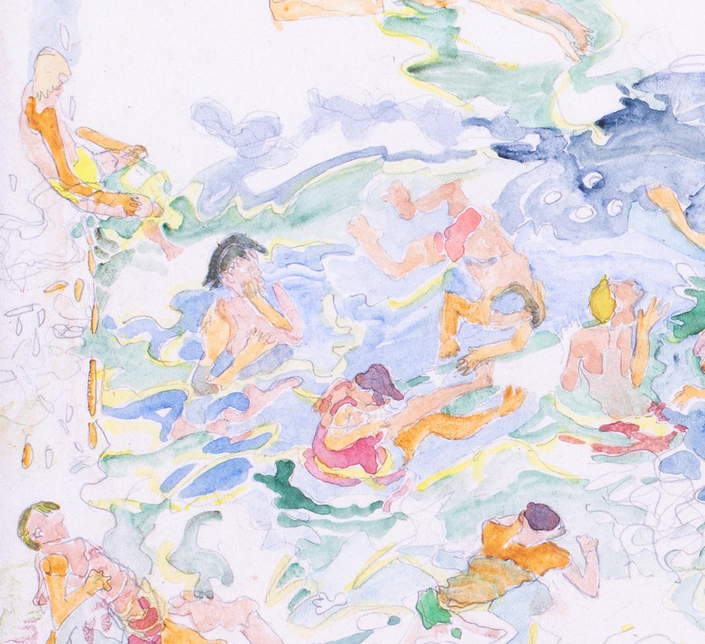 British 20th Century watercolour drawing of figures having fun at the lido - Gray Figurative Art by Steven Spurrier RA