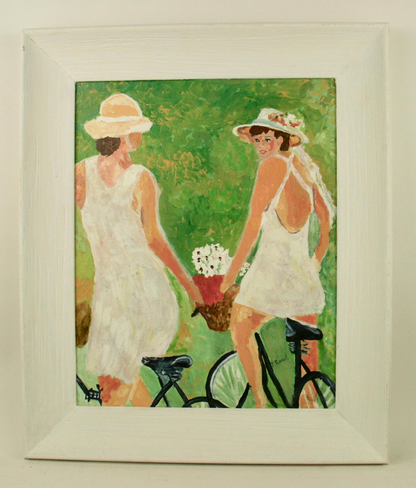 #5-3026 Friendship,a figurative acrylic on canvas applied to a wood board, displayed in a hand painted white wood frame, signed by I.Jarret.Image size 19.5 H x 15.5 W