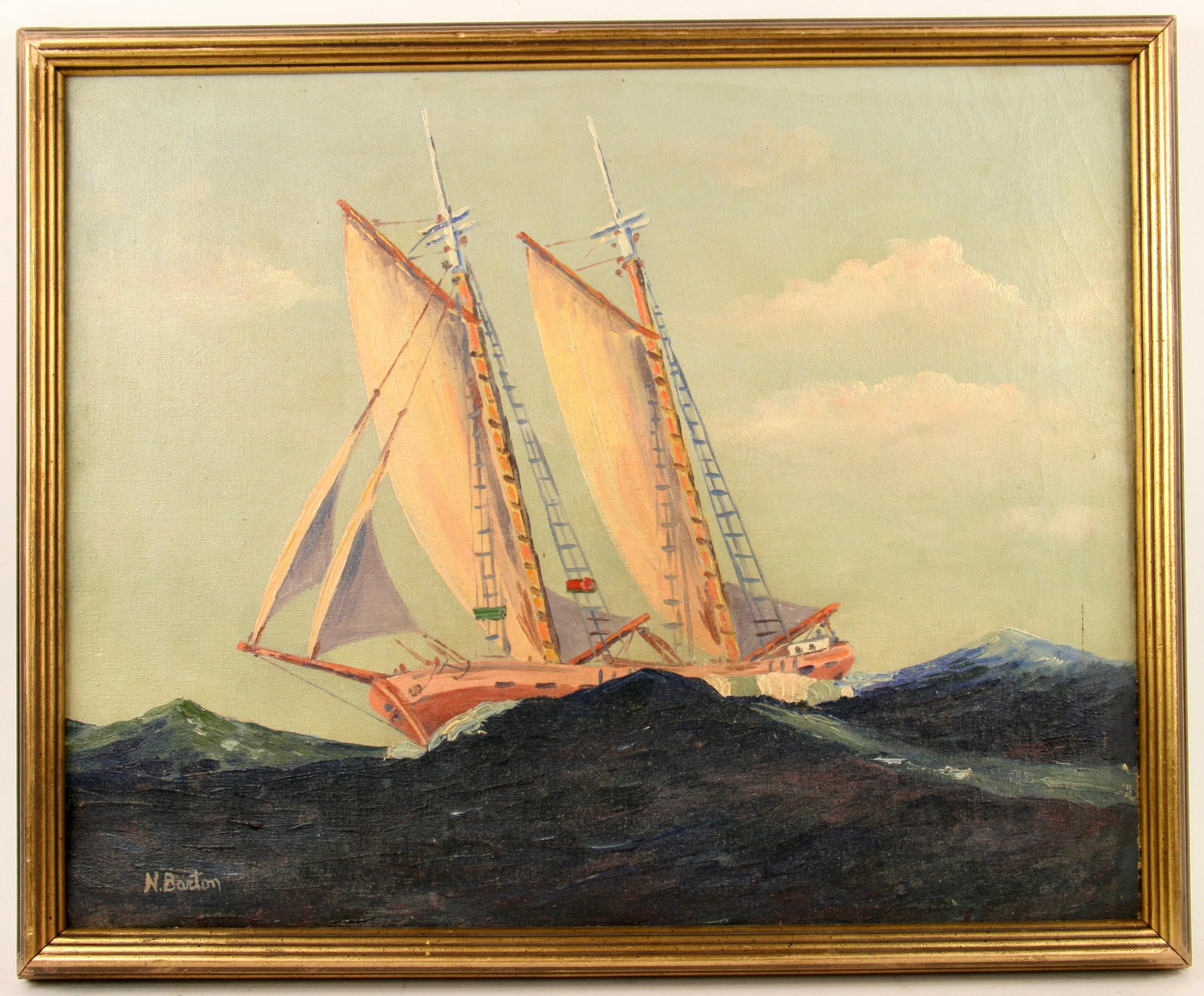 N.Barton Landscape Painting - Sailing  in Rough Waters Seascape  Painting