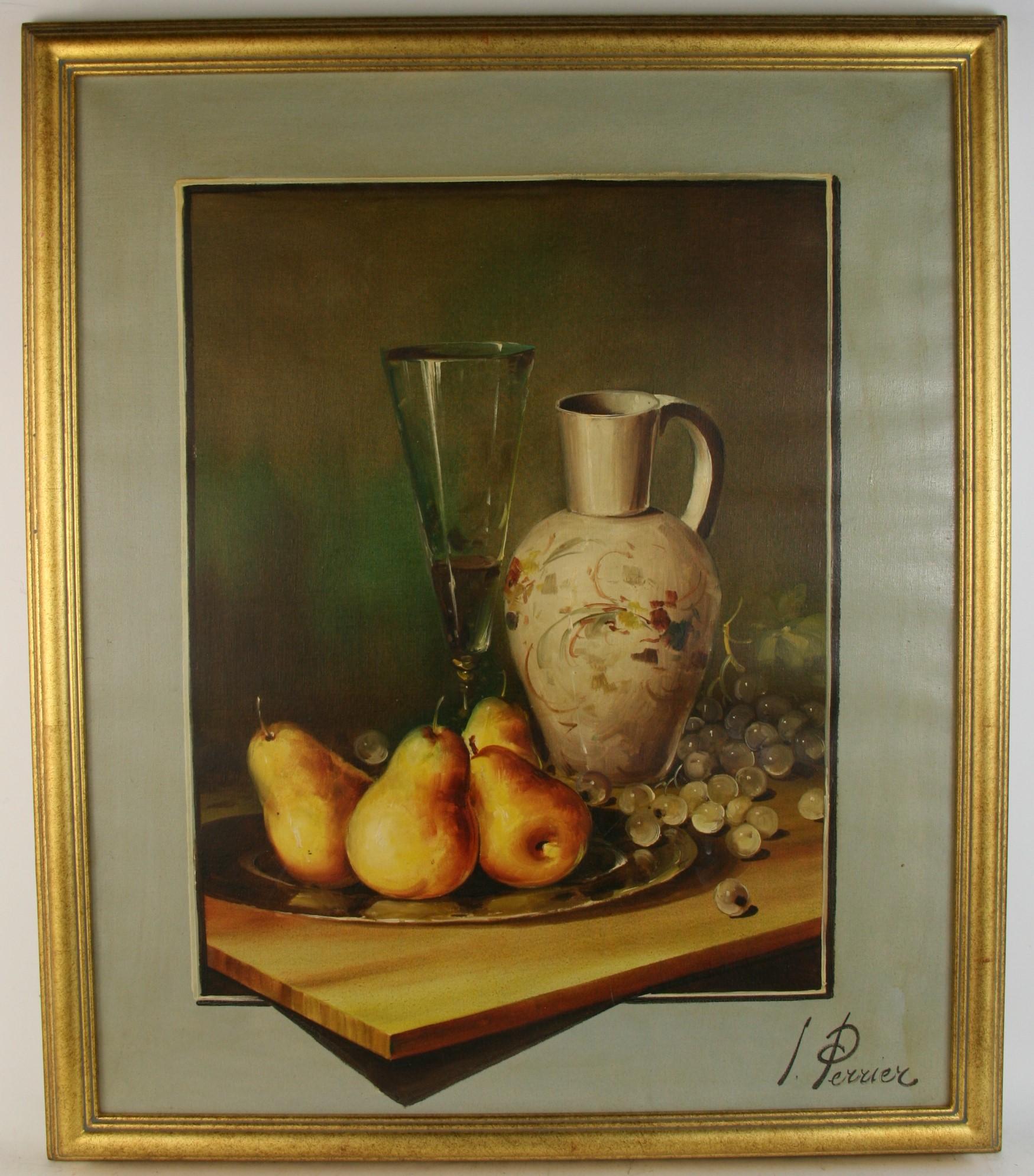 L.Perrier Interior Painting - Impressionist Still Life with Pears and Grapes
