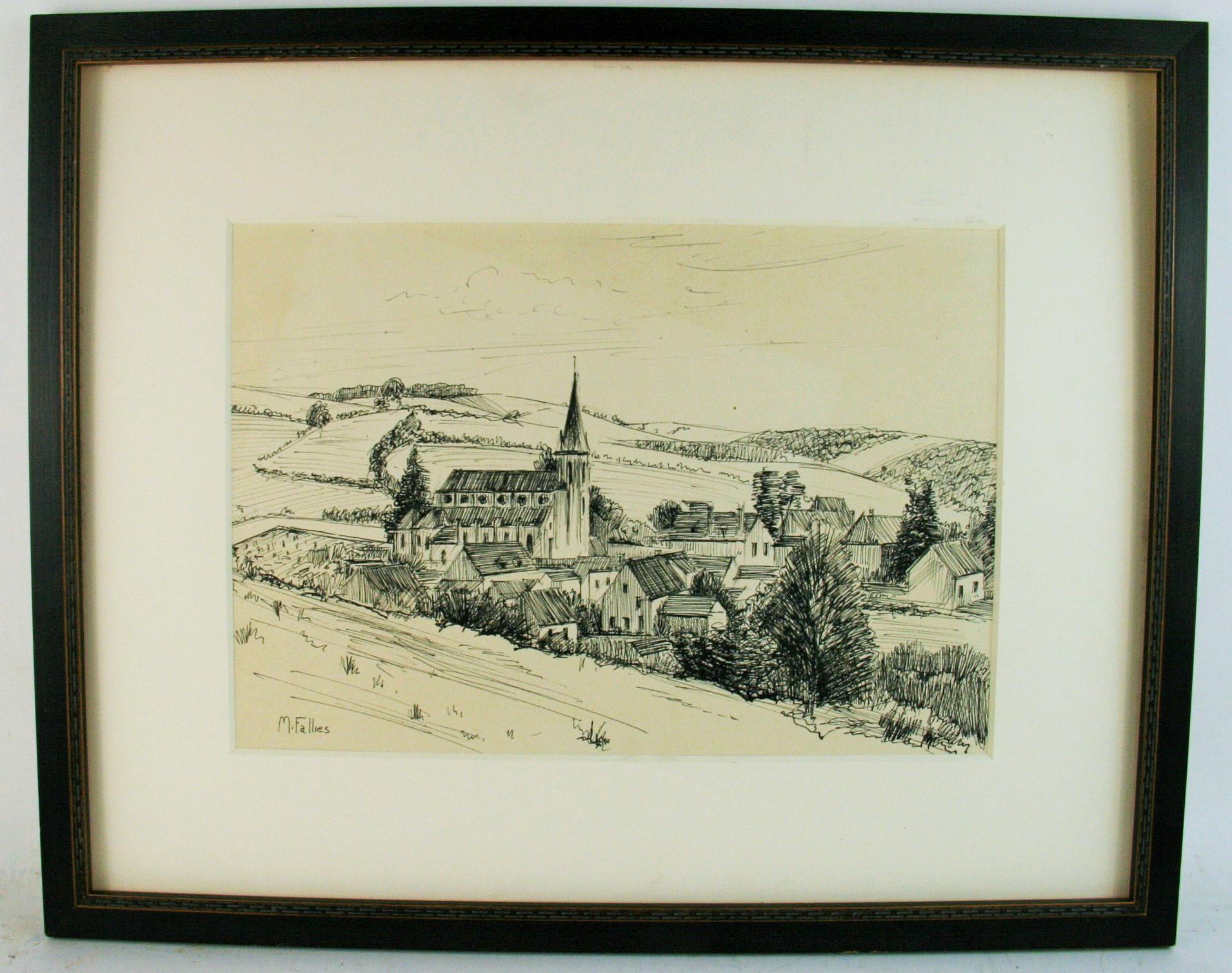 French Village Pen and Ink Drawing Landscape - Art by M.Falles