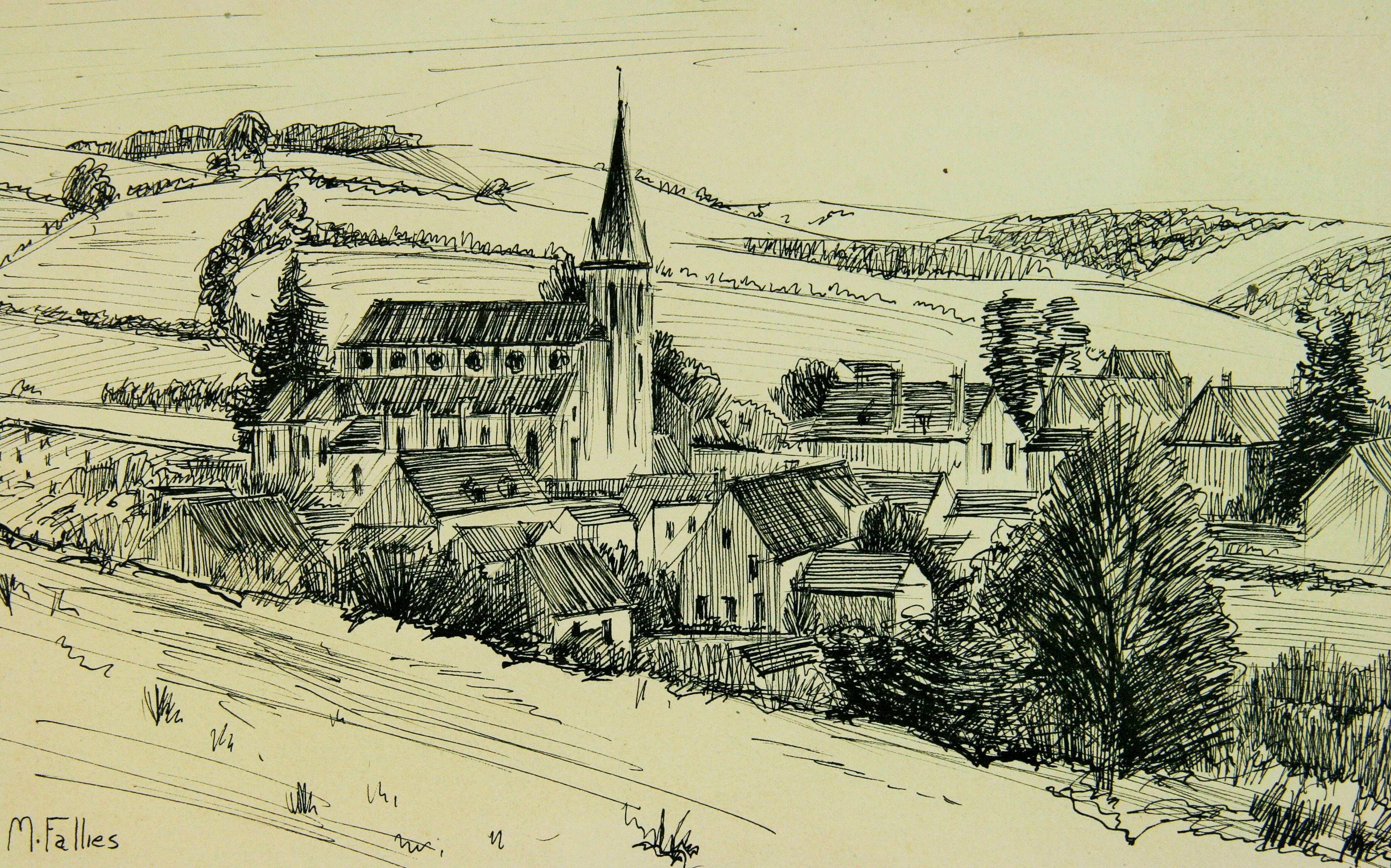 M.Falles Landscape Art - French Village Pen and Ink Drawing Landscape