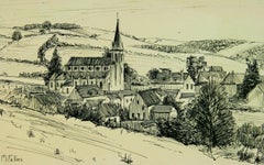 French Village Pen and Ink Drawing Landscape