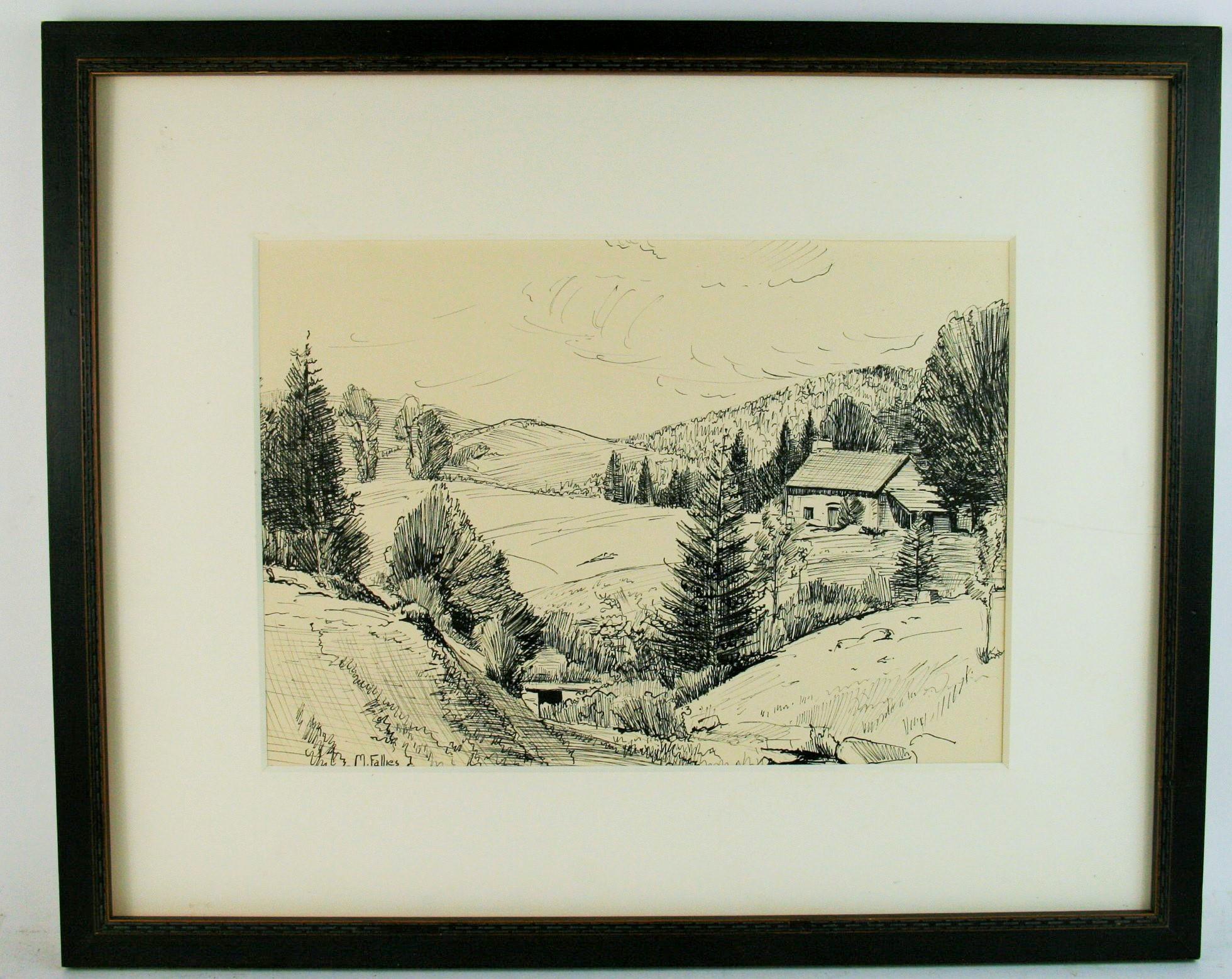 pen and ink landscape drawing